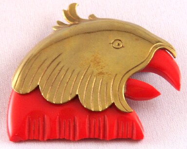 BP73 red galalith/brass parrot pin